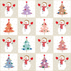 Christmas tree, Snowmen, fir trees in bed colors, seamless pattern, illustration, vector