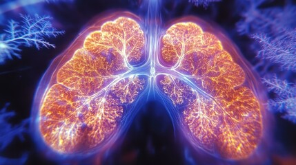 Healthy Breathing Tips. Human lungs anatomy glowing detailed digital illustration, medical background for healthcare presentations, education, science, respiratory system, vibrant neon colors, techno