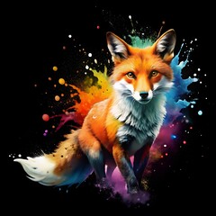 Obraz premium Stunning fox illustration With intricate details and bold colors, this abstract paint splash painting of a colorful fox isolated on a black background