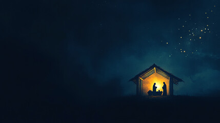 A minimalist, glowing nativity scene in silhouette, with Mary, Joseph, shepherd, and baby Jesus under a simple star-lit stable, holy night surrounded by a soft, warm gradient of deep blue and gold	