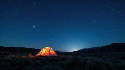 A glowing tent sits peacefully in a remote area, surrounded by mountains under a starry night sky, creating a serene camping experience. Generative AI