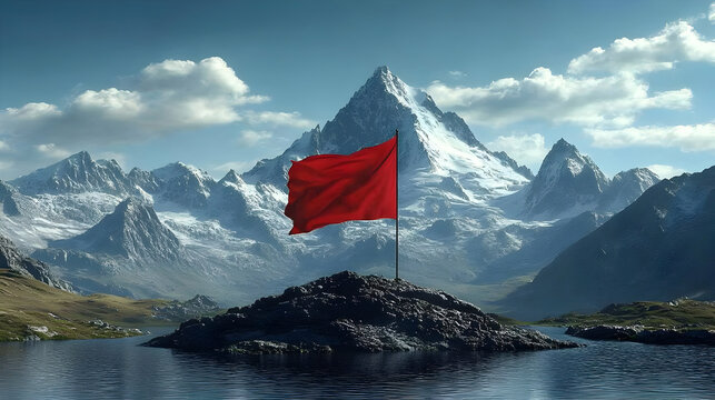 Red Flag Waves High on Mountain Peak, Majestic Landscape