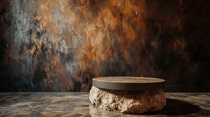 Fototapeta premium Stone pedestal against a dark, textured wall. Perfect for product display.