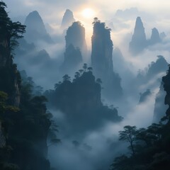 Fototapeta premium Zhangjiajie's Tianzi Mountain, shrouded in fog.