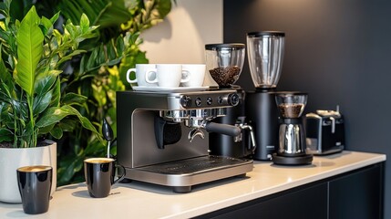 Modern Espresso Machine with Coffee Cups and Stylish Kitchen Setup