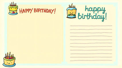 Naklejka premium Happy birthday postcard template with cakes and lines for message on light background, festive design