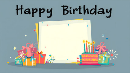 Naklejka premium Happy Birthday greeting card with colorful gifts and cake on dark background, empty space for message