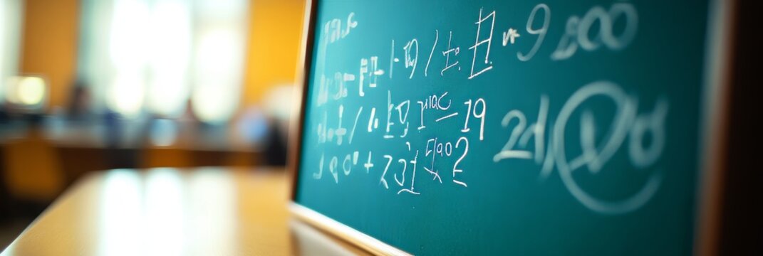 Blurred Classroom Background with a Green Chalkboard Covered in Mathematical Equations