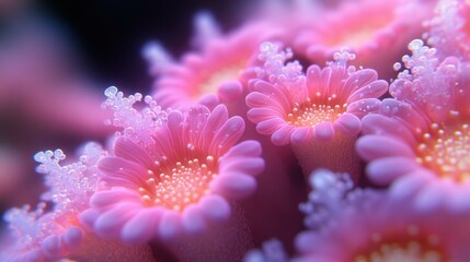 Blue Ocean Waves. Close-up of pink coral polyps underwater, vibrant marine life for oceanography, aquarium decoration, sea biology research, tropical reef exploration, natural sea habitat, colorful s