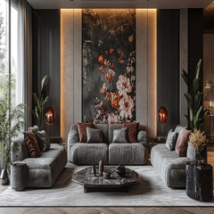 Luxury modern living room interior design featuring elegant sofas, artistic decor, and stylish lighting setups.