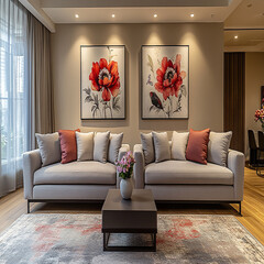 Luxury modern living room interior design featuring elegant sofas, artistic decor, and stylish lighting setups.