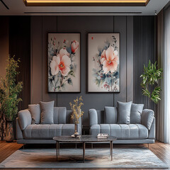 Luxury modern living room interior design featuring elegant sofas, artistic decor, and stylish lighting setups.