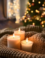 Cozy holiday ambiance with lit candles on a textured blanket surrounded by festive decorations. Generative AI