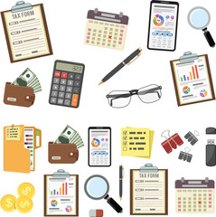 Tax Auditing and Business Accounting Banners, Flat-Style Info graphics with Charts, Calculators, and Money Symbols