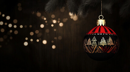 Christmas bauble hanging from fir branches on a dark background. Stylish black, gold and red.