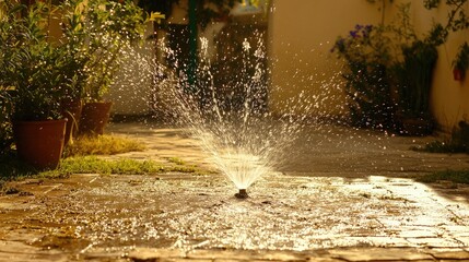 Fototapeta premium Water Sprinkler Spray in Sunlit Garden with Potted Plants