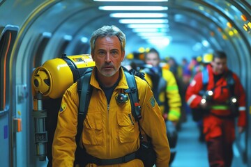 Emergency procedures 2D graphic showing passengers in clear instructional style moving towards emergency exit