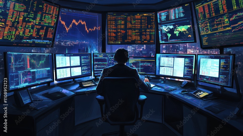 Poster trader analyzing data in a high-tech control room