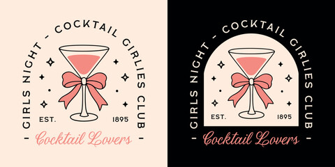 Cocktail lovers girls night besties squad birthday bachelorette New Year party invitation card shirt design. Funny quotes martini glass bow ribbon illustration black pink coquette preppy aesthetic.