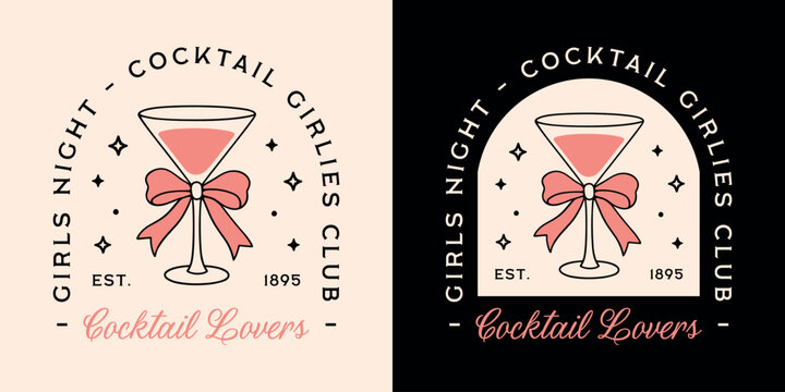 Cocktail lovers girls night besties squad birthday bachelorette New Year party invitation card shirt design. Funny quotes martini glass bow ribbon illustration black pink coquette preppy aesthetic. - Powered by Adobe