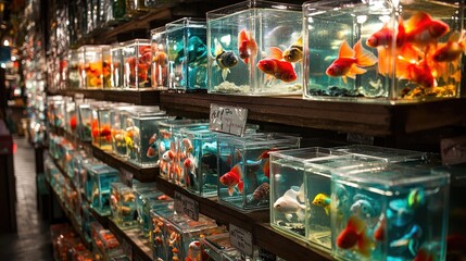 Fototapeta premium Colorful Fish in Glass Tanks at Aquatic Store Displaying Variety