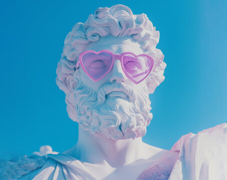 statue of greek god in pink glasses with hearts, naivety