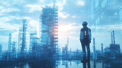Fototapeta premium A silhouette of a worker in a construction site with a futuristic overlay.