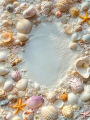 Obraz premium A tranquil coastal mosaic of seashells, ocean treasures, and frothy bubbles reflecting a serene beachside moment