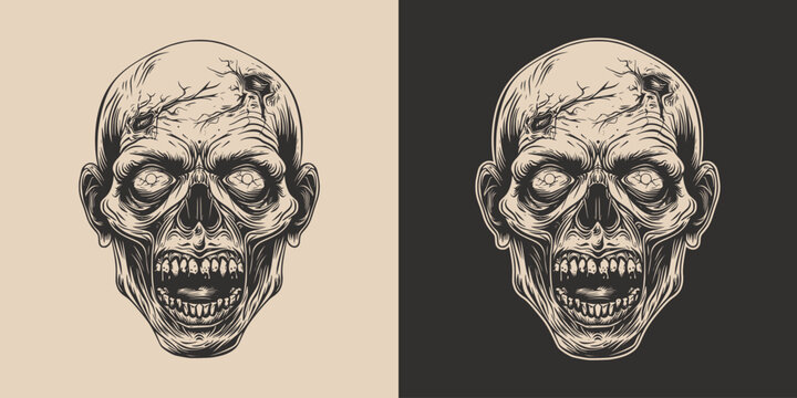 Vintage retro engraving woodcut style sketch draw paint of halloween scary spooky zombie head concept