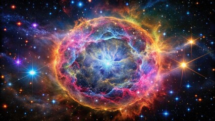 Obraz premium Bright Supernova Remnant Nebula Amidst Thousands of Stars â€“ Cosmic Explosion, Celestial Beauty, Interstellar Space, Vibrant Colors, Deep Sky Imagery, Astrophotography, Galactic Wonders
