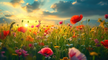 Poppies wildflowers  spring landscape, beautiful idyllic rural background