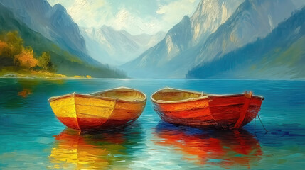 Fototapeta premium fishing boats on the lake with mountains in the background, oil painting.
