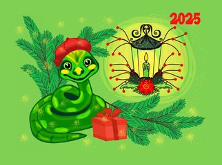 Snake in a red beret, symbol of the year, cartoon character, spruce branches, lantern with a burning candle, gift in a box with a bow, number 2025, bright drawing for a postcard, packaging, design