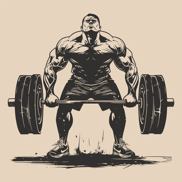 Vintage retro engraving woodcut style sketch draw paint of gym fit sport powerlifter bodubuilder man with barbell