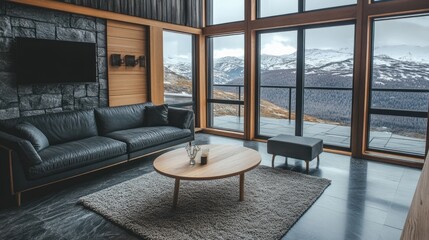 Modern Mountain View Living Room with Large Windows and Cozy Decor