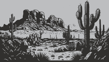 Vintage retro gravure engraving american mexican desert western style with mountains, fields, trees and  cactus. Adventure travel outdoor nature landscape illustration