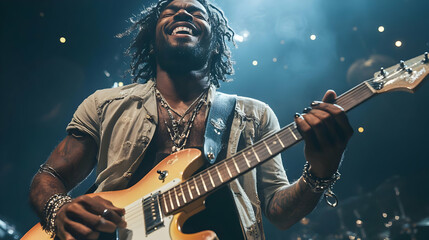 Obraz premium Musician Plays Electric Guitar Joyfully On Stage