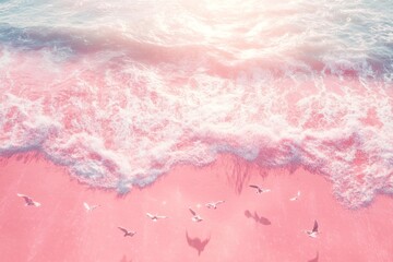 Obraz premium Aerial view of a pink beach with flying birds