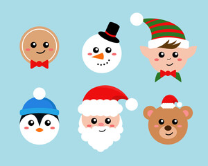 Set of illustrations of Christmas characters: Santa Claus, snowman, elf, gingerbread man, penguin, bear