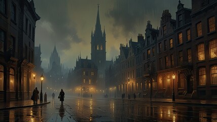Naklejka premium Dimly lit street in a historical city showcases tall buildings and lanterns illuminating the wet cobblestones while silhouettes walk in the mystical atmosphere
