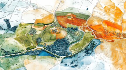 Fototapeta premium Exploring nature's aerial view of scenic landscapes farms and waterways vibrant colors artistic