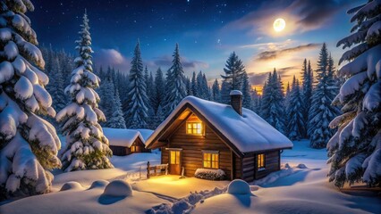 Fototapeta premium Cozy Winter Cabin Night Photography: Serene Snow Landscape, Illuminated Log Cabin, Winter Wonderland