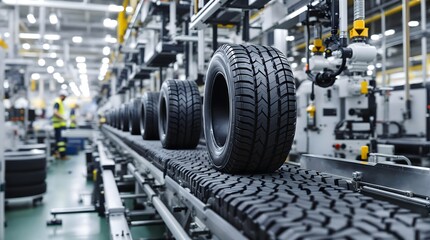 Tire Factory: Modern tire manufacturing facility with automated production line.