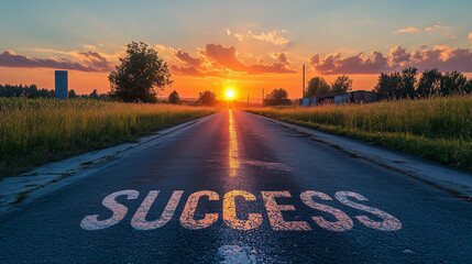 Open road leading to a sunset, with the word "SUCCESS" painted on the asphalt, symbolizing the start of a journey to greatness