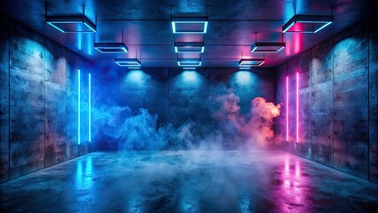 Empty Dark Blue Abstract Cement Wall with Smoke, Neon Lights, and Laser Light for Product Display Background