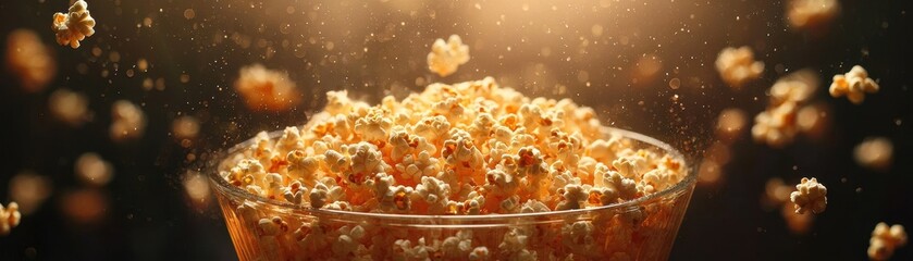 A close-up of a bowl overflowing with freshly popped popcorn, highlighted by warm lighting and a dynamic, floating effect of scattered popcorn kernels.