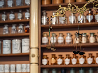Pharmacy and vintage balance in apothecary.