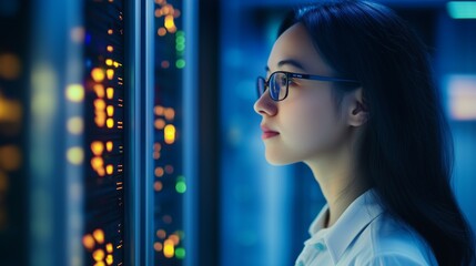 Female IT support expert examining cybersecurity server in cloud storage or regular network maintenance in web server room 