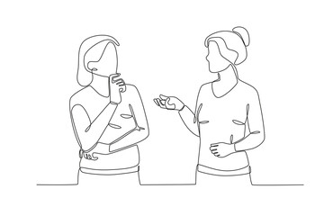 Single continuous line drawing of Two employees are talking and discussing. Dynamic single line draw design graphic vector illustration.
