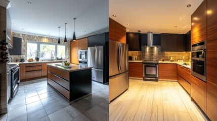A before-and-after shot of a kitchen renovation, showing the transformation from an old to a modern design.